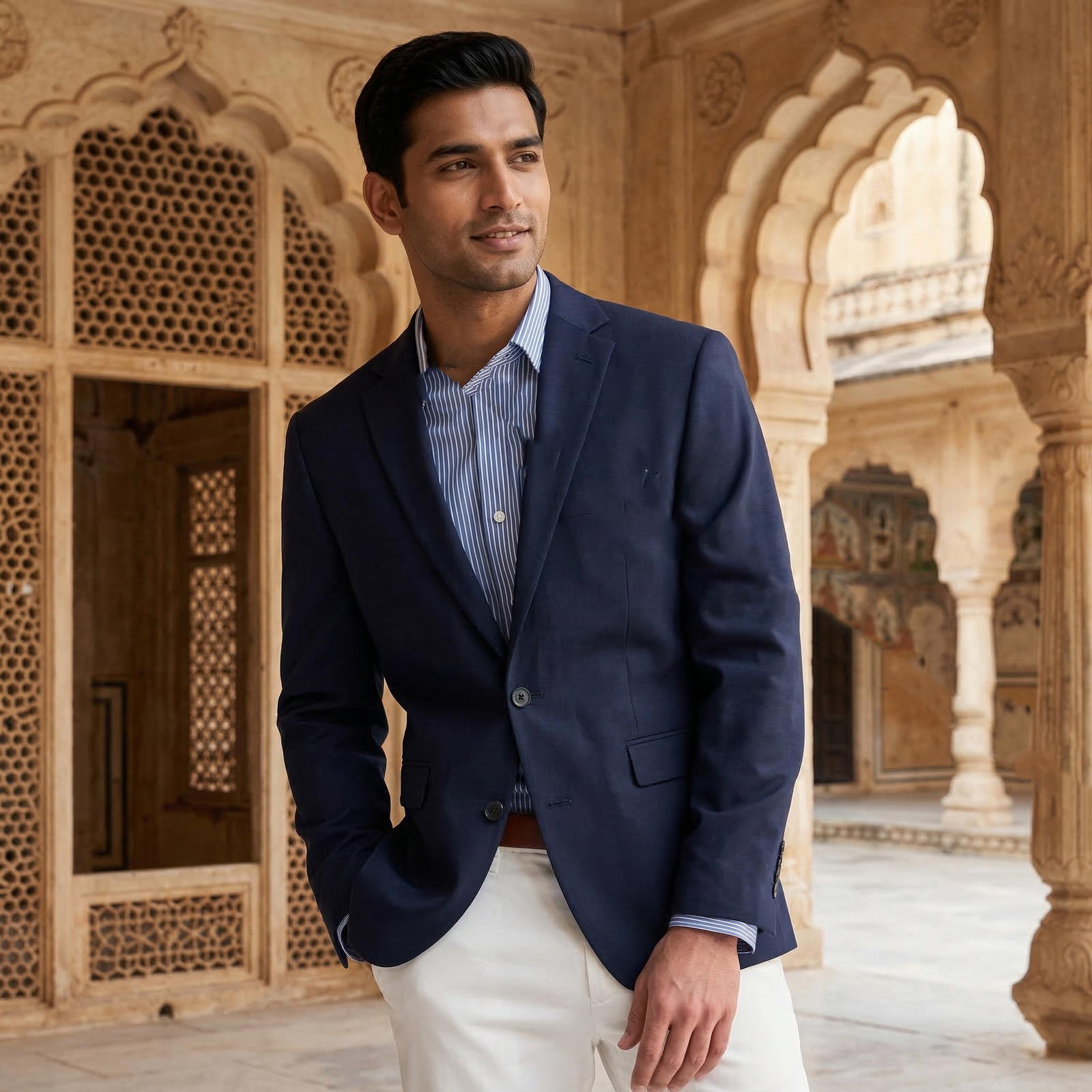 Men's Tailored Fit Navy Blue Textured Smart-Casual Blazer