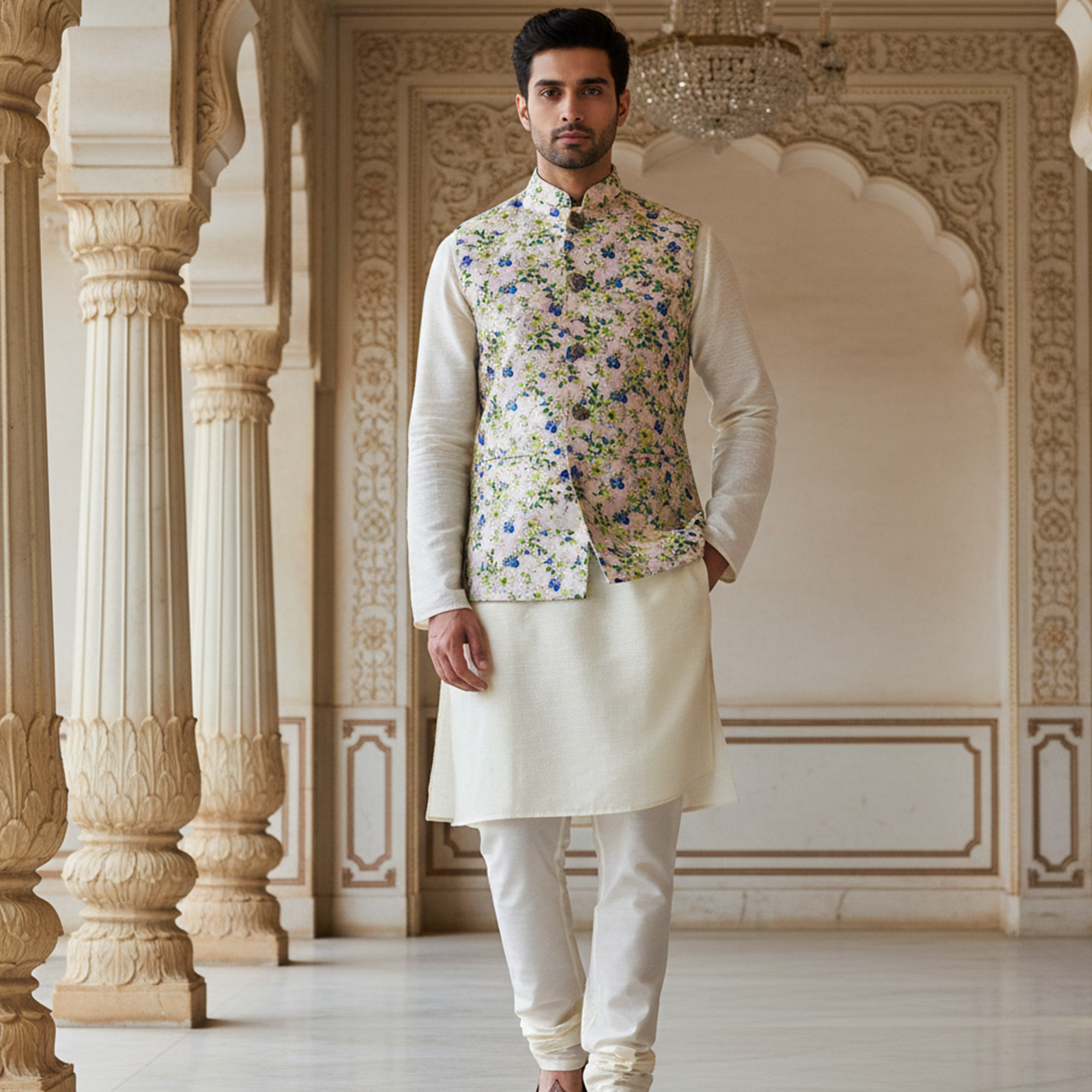 Men’s Teal Floral Printed Nehru Jacket with Ivory Kurta Pajama – Festive & Wedding Wear