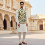 Men’s Yellow Floral Nehru Jacket with Ivory Kurta Pajama – Elegant Festive Ethnic Wear