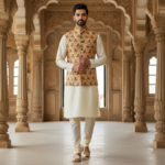 Men’s Floral Nehru Jacket with Ivory Kurta Pajama – Elegant Festive & Wedding Wear