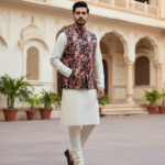 Men’s Black Floral Printed Nehru Jacket with Ivory Kurta Pajama – Elegant Festive Ensemble