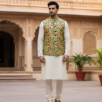 Men’s Yellow Floral Printed Nehru Jacket with Ivory Kurta Pajama – Festive & Wedding Wear Set