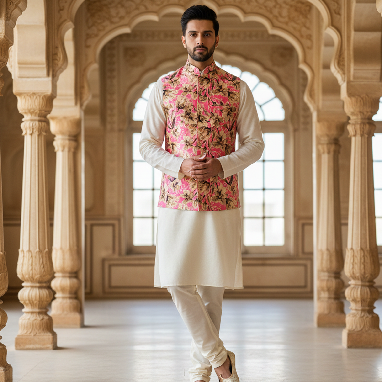 Men’s Pink Floral Print Nehru Jacket with Ivory Kurta Pajama – Festive Ethnic Ensemble