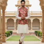 Men’s Pink Floral Nehru Jacket with Ivory Kurta Pajama – Luxury Festive Ensemble