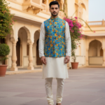 Men’s Royal Blue Floral Nehru Jacket with Ivory Kurta Pajama – Festive Ethnic Wear