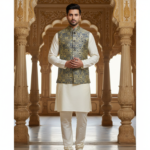 Men’s Olive Green & Gold Jacquard Nehru Jacket with Ivory Kurta Pajama – Regal Festive Wear
