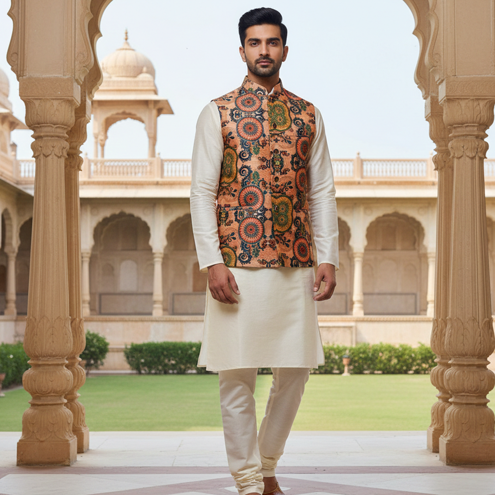 Men’s Floral Print Nehru Jacket with Ivory Kurta Pajama – Elegant Festive Ensemble