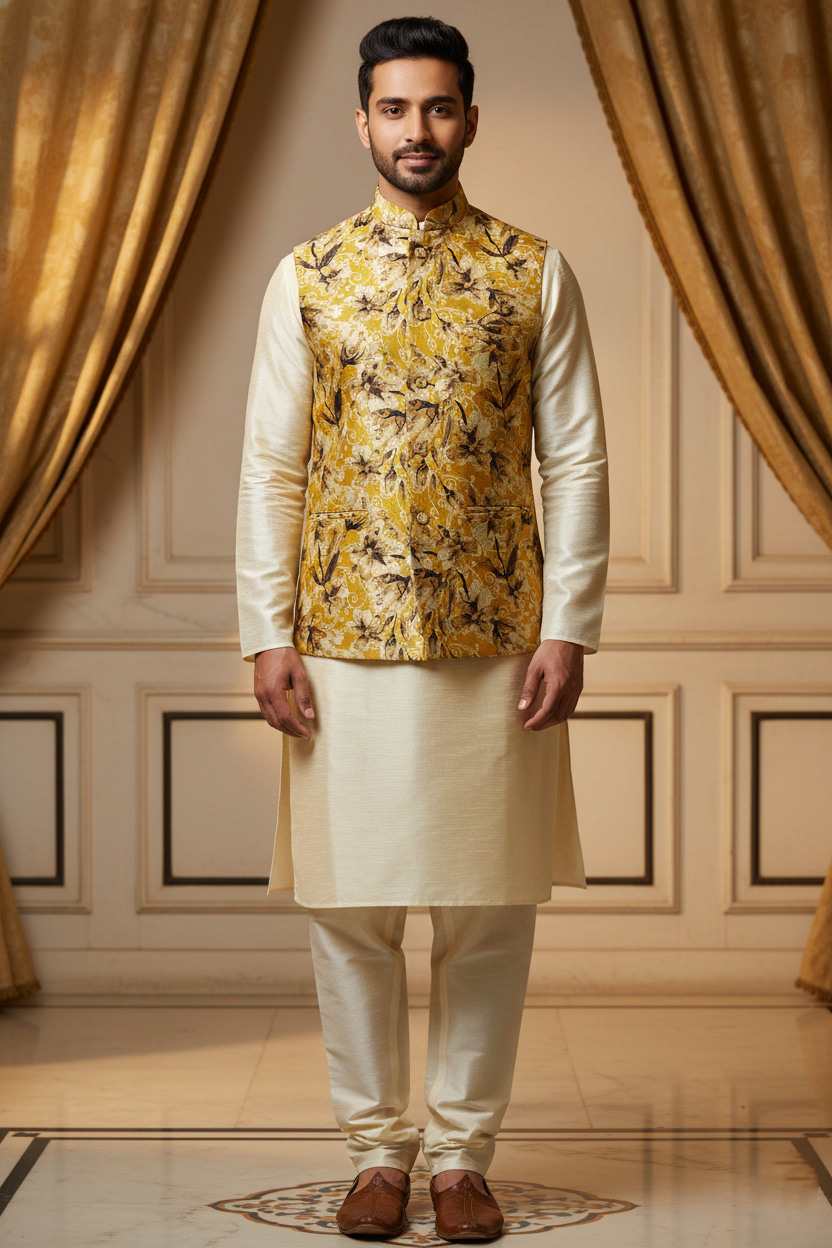 Heritage Refined: The Ochre Floral Nehru Ensemble