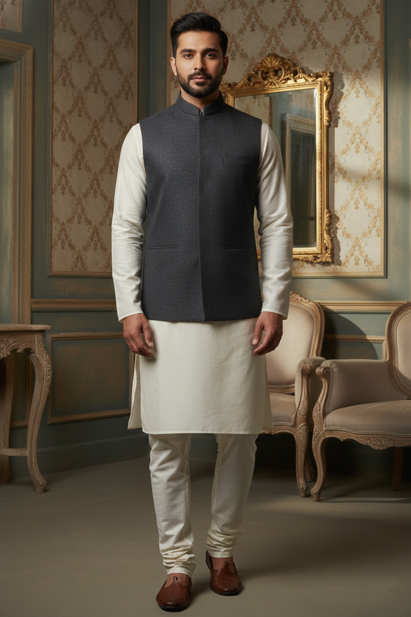 Men’s Charcoal Textured Nehru Jacket with Ivory Kurta