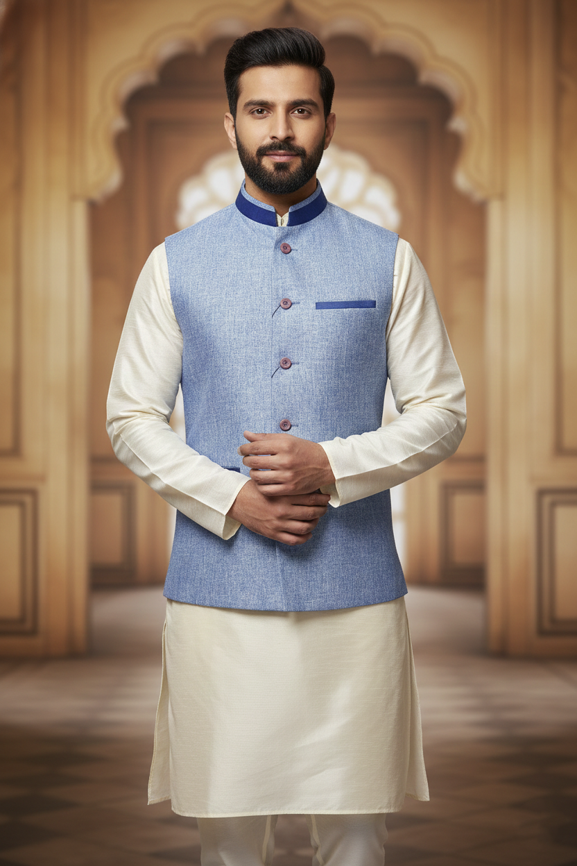 Light Blue Nehru Jacket with Cream Kurta Set