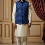 Blue Geometric Nehru Jacket with Cream Kurta Set
