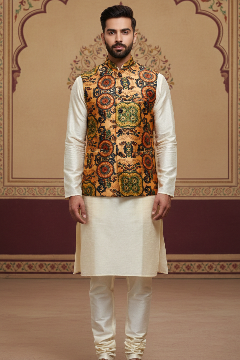 Golden Multicolor Brocade Nehru Jacket with Cream Kurta Set