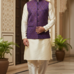 Purple Brocade Nehru Jacket with Cream Kurta Set