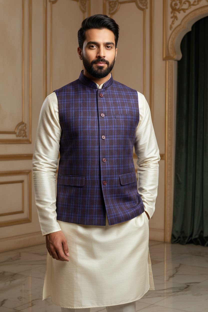 Blue & Purple Checkered Nehru Jacket with Cream Kurta Set