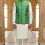 Men’s Green Nehru Jacket with Blue Contrast Piping & Pocket Square | Ethnic Waistcoat