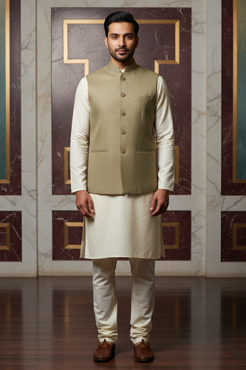 Men’s Beige Nehru Jacket | Solid Ethnic Waistcoat with Mandarin Collar