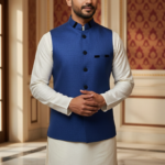Men’s Dark Blue Nehru Jacket with Subtle Textured Work | Ethnic Waistcoat