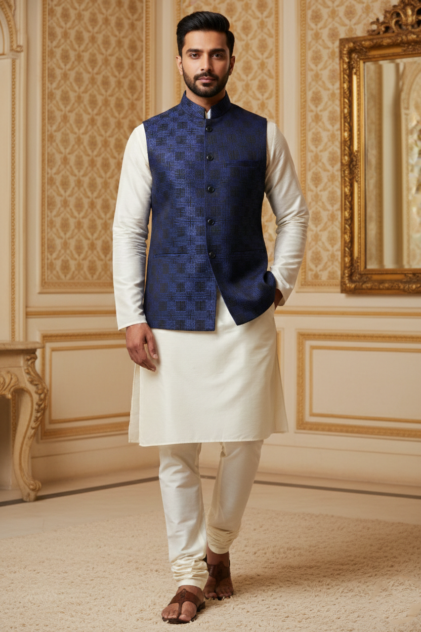 Men’s Royal Blue Nehru Jacket with Textured Work | Ethnic Waistcoat