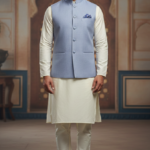 Men’s Light Blue Nehru Jacket with Pocket Square | Classic Ethnic Waistcoat