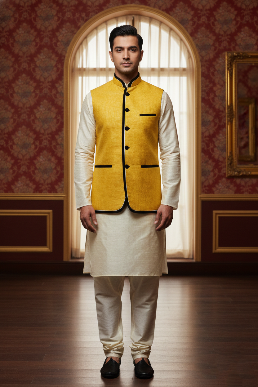 Men’s Yellow Nehru Jacket with Black Piping | Designer Ethnic Waistcoat
