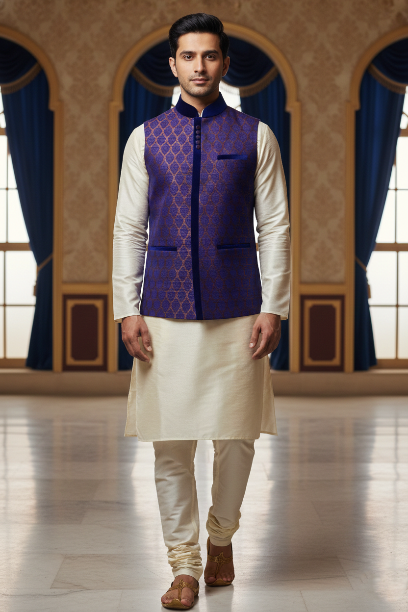 Men's Jacquard Silk Nehru Jacket – Purple & Blue Ethnic Wedding Waistcoat