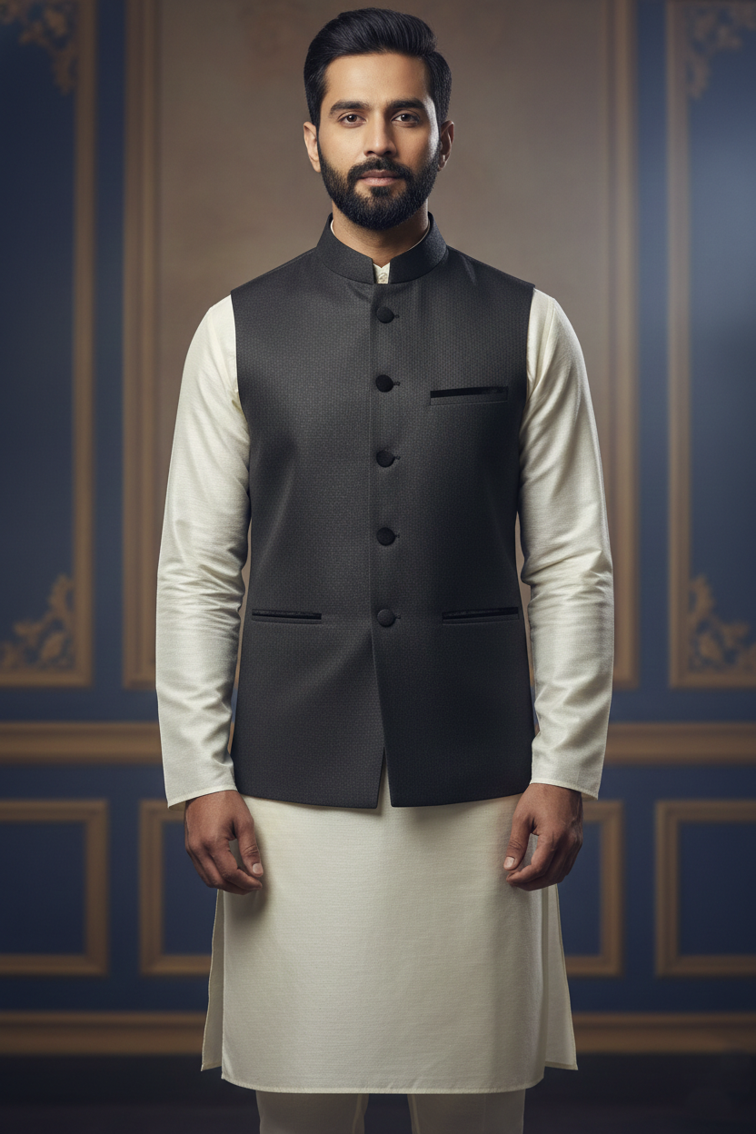 Men's Black Self-Textured Nehru Jacket – Classic Slim Fit Ethnic Modi Waistcoat for Weddings & Formal Events