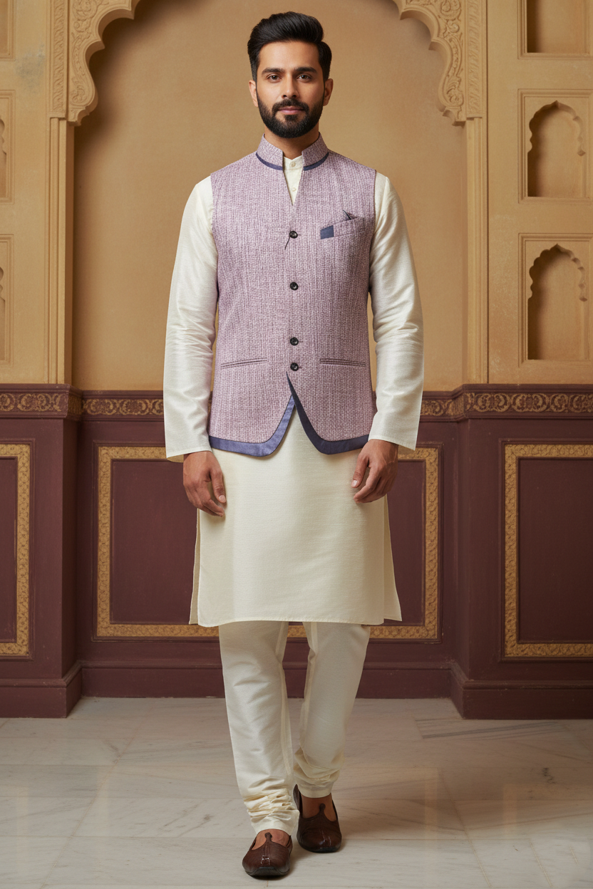 Men's Mauve Textured Nehru Jacket – Designer Curved "U" Cut Ethnic Waistcoat | Slim Fit Modi Jacket for Weddings & Festivals