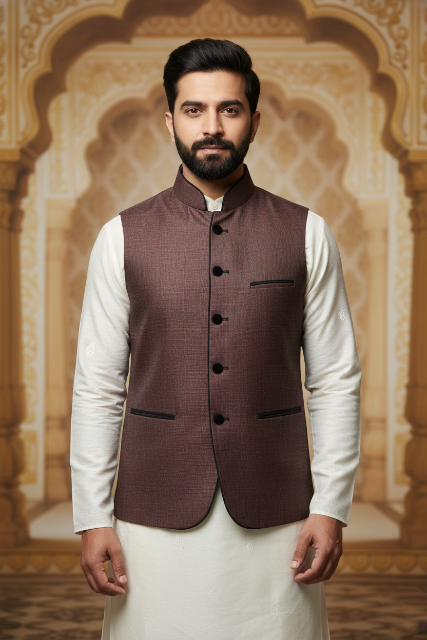 Men's Wine Red Textured Nehru Jacket – Slim Fit Minimalist Ethnic Waistcoat | Designer Modi Jacket for Weddings, Receptions & Festivals