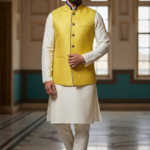 Bright Yellow Nehru Jacket with Dark Blue Trim & Cream Kurta Set
