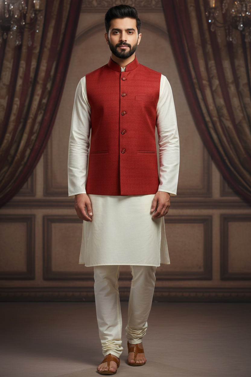Classic Red Nehru Jacket with Cream Kurta Set