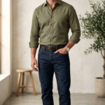 Men’s Premium Linen-Blend Button-Down Shirt in Olive Drab