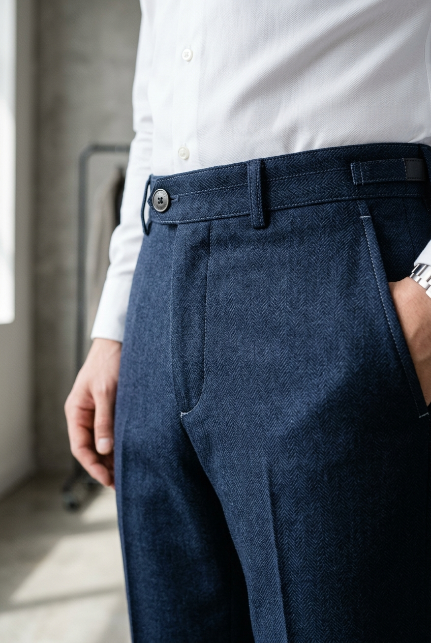 Men’s Navy Blue Herringbone Formal Trousers