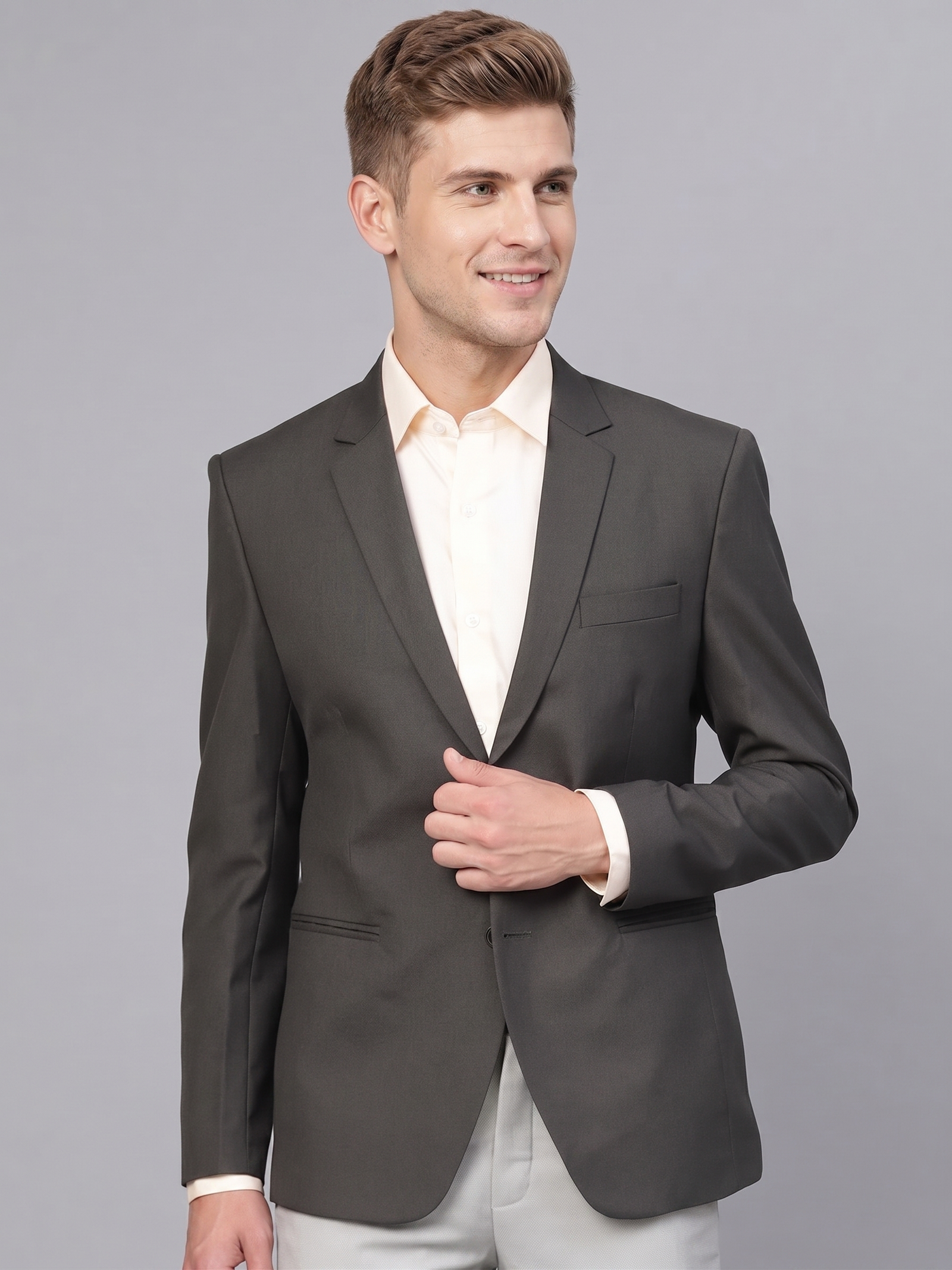 Men's Charcoal Grey Solid Slim-Fit Single-Breasted Formal Blazer