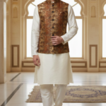 Men’s Brown Printed Nehru Jacket Kurta Pajama