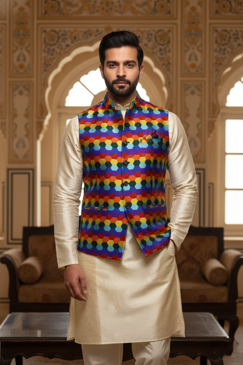 Men’s Multicolor Printed Nehru Jacket with Ivory Kurta