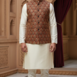 Men’s Rust Printed Nehru Jacket with Ivory Kurta