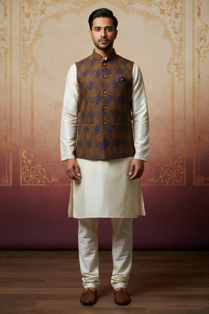 Men’s Brown & Purple Printed Nehru Jacket with Ivory Kurta