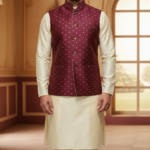 Men’s Maroon Dotted Nehru Jacket with Ivory Kurta Pajama