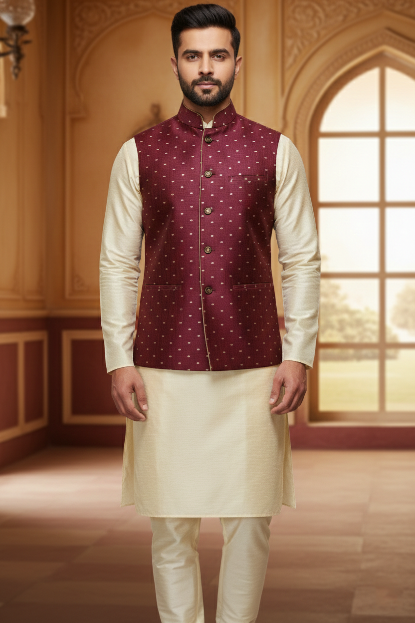 Men’s Maroon Dotted Nehru Jacket with Ivory Kurta Pajama