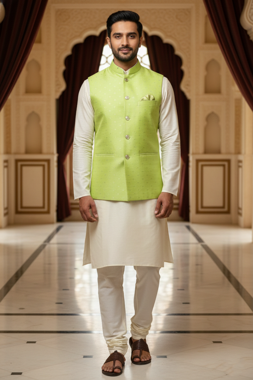 Men’s Pista Green Dotted Nehru Jacket with Ivory Kurta Pajama