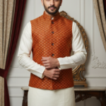 Men’s Rust Jacquard Nehru Jacket with Ivory Kurta Pajama