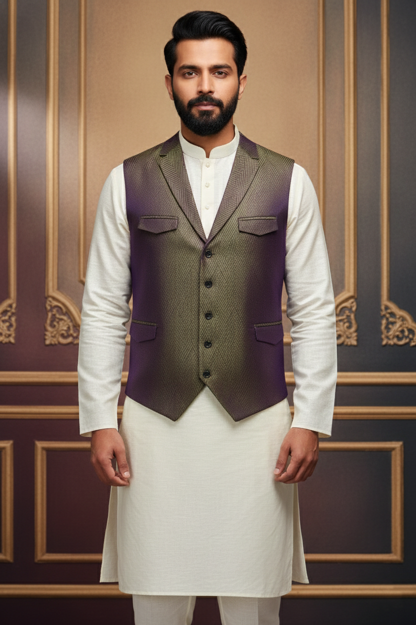 Men’s Olive & Purple Nehru Jacket with Ivory Kurta Pajama