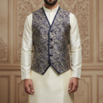 Blue Paisley Jacquard Waistcoat with Cream Silk Kurta Set