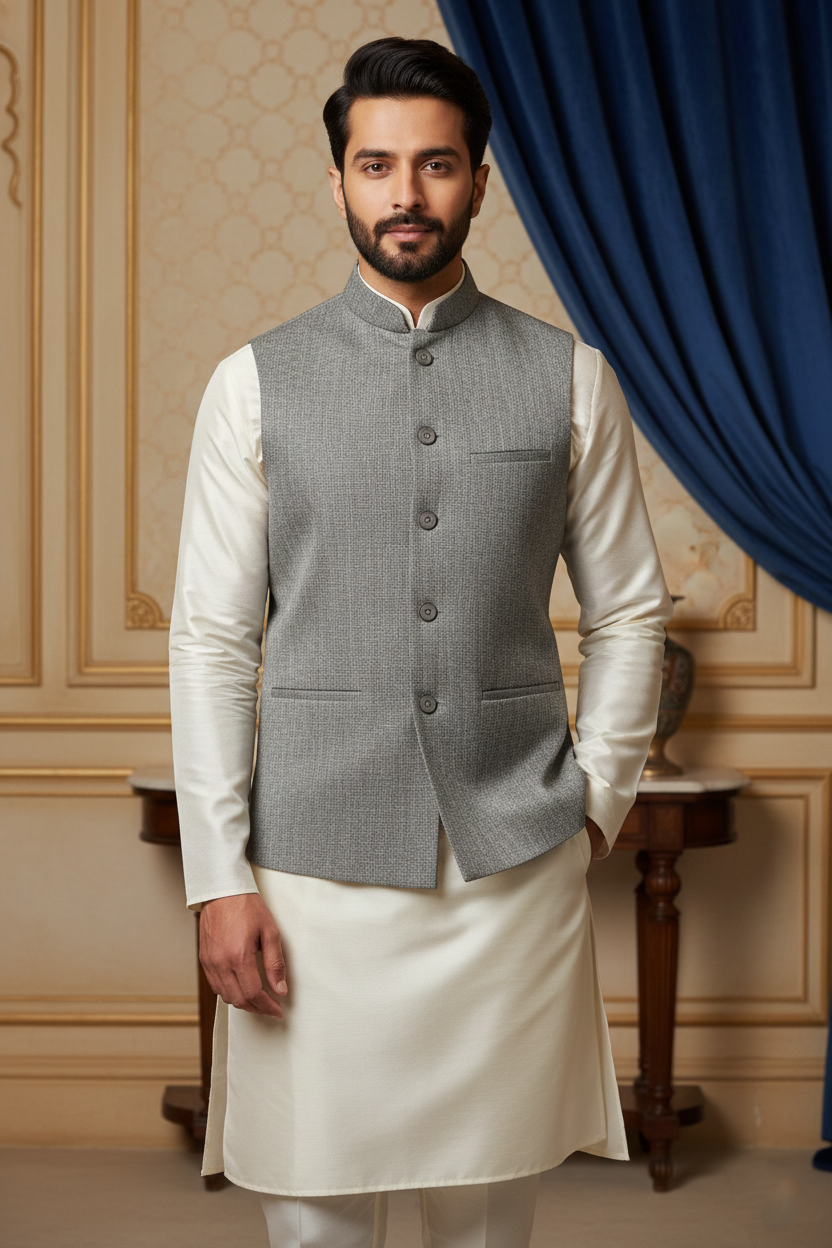 Men’s Grey Textured Nehru Jacket & Cream Kurta Set