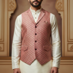 Men’s Pink Jacquard Waistcoat & Cream Kurta Set