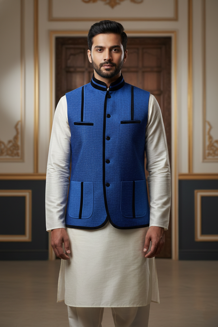 Men’s Dark Blue Nehru Jacket with Black Piping | Designer Ethnic Waistcoat