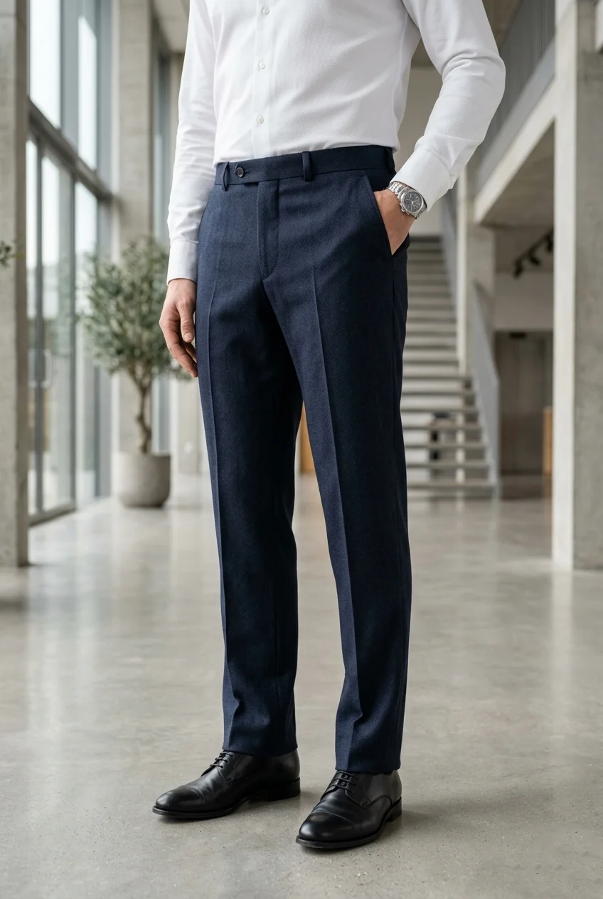 Men’s Navy Blue Herringbone Formal Trousers