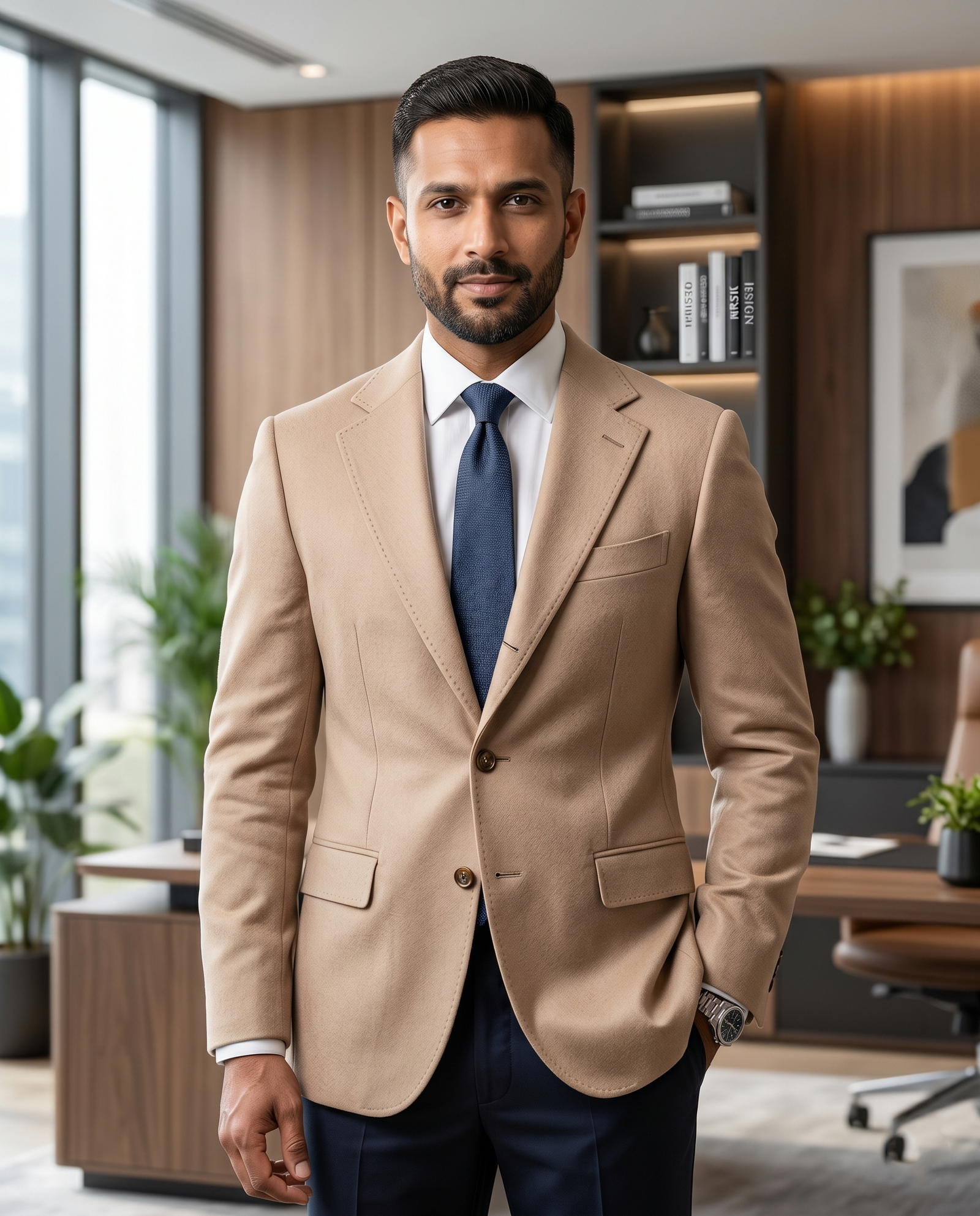 Men's Slim Fit Beige Wool Blend Blazer