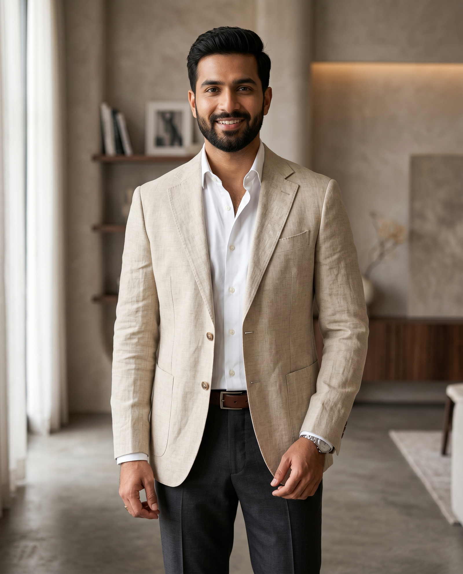 Men's Slim Fit Cream Linen Blend Blazer