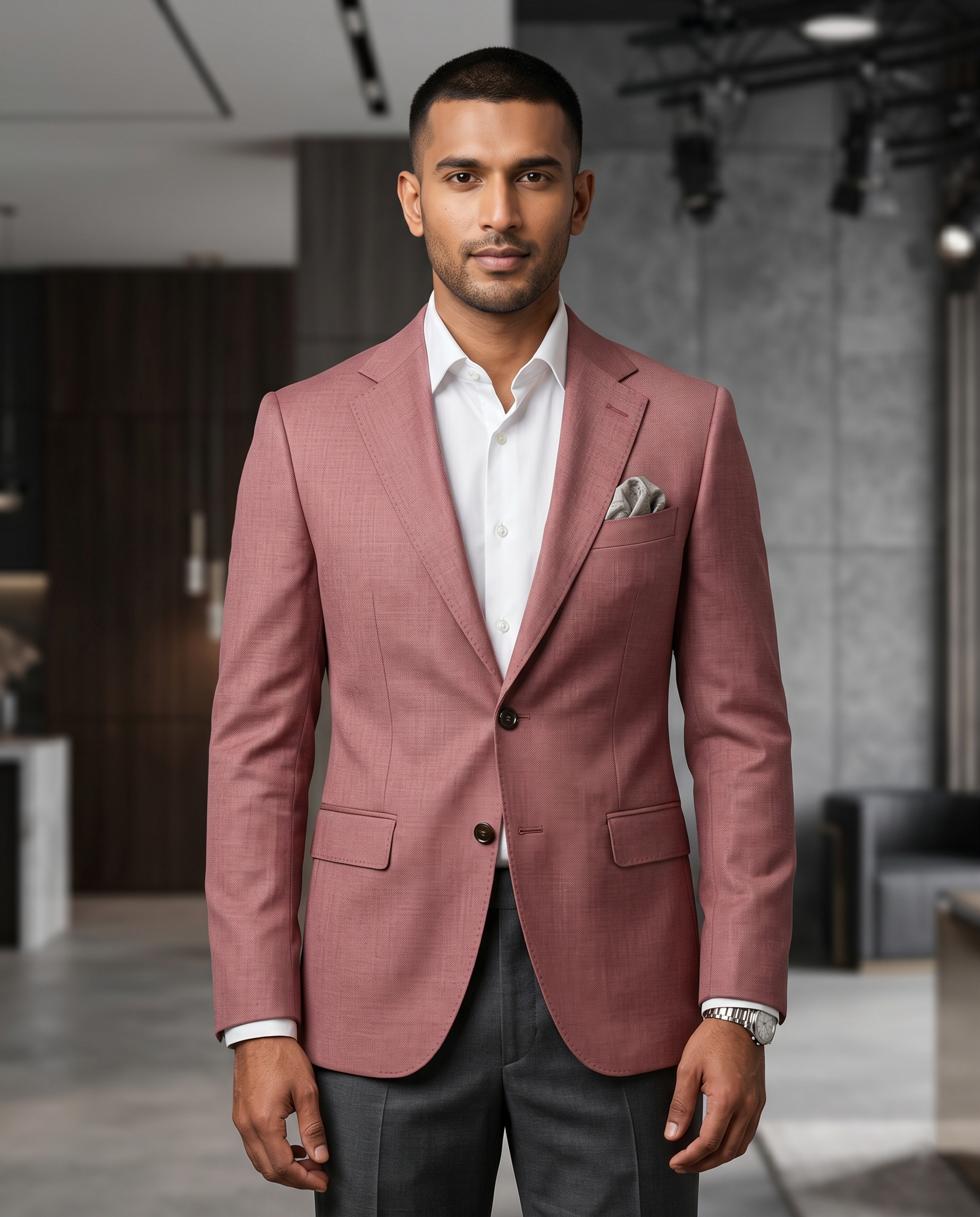 Men's Slim Fit Rose Pink Textured Blazer